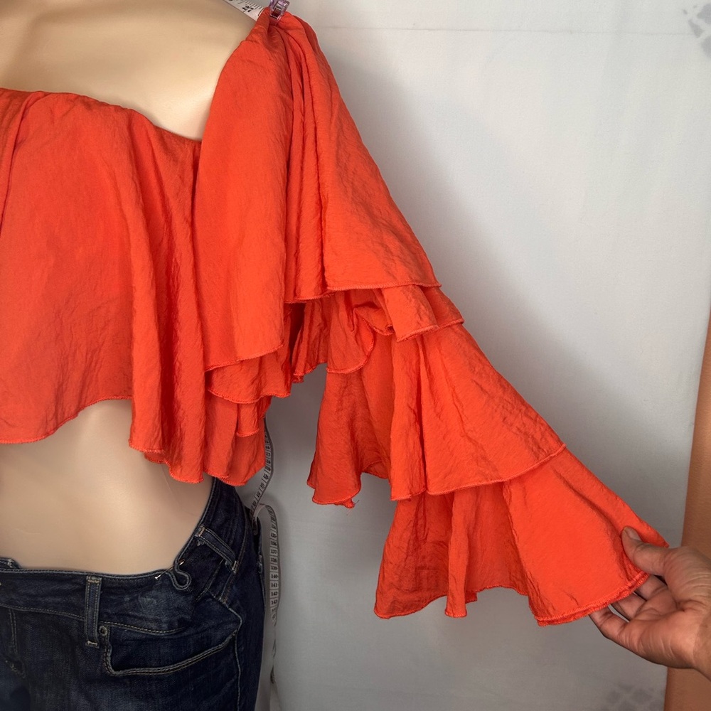 PRETTYLITTLETHING BRIGHT ORANGE WOVEN BARDOT TIERED SLEEVE CROP TOP SIZE 8 - Picture 5 of 14